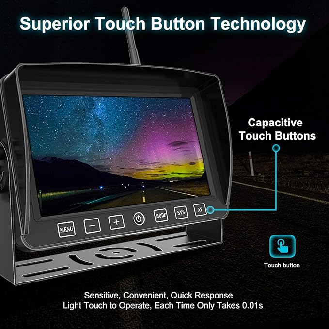 Fookoo HD 7" Wireless Backup Camera System, 1080P 7" Quad Split Screen Monitor, IP69 Waterproof Side Rear View Cameras, Parking Lines, Loop Recording, Digital Signal for RV/Trailer/Truck/Bus (DW7T4)