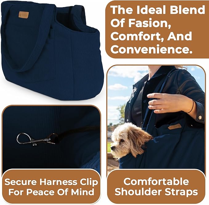 Corduroy Dog Carrier - Lightweight Cotton Soft-Sided Pet Tote with Safety Harness Clip - Breathable Travel Carrier for Small Dogs and Puppies (Dark Blue)