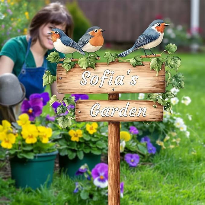 Personalized Bird Metal Sign with Stake,Custom Gardener Last Name Signs Outdoor Decor,Customized Flower Gardening Housewarming Gifts,Birds on the Branch Plaques for Patio Lawn Porch Backyard Farmhouse