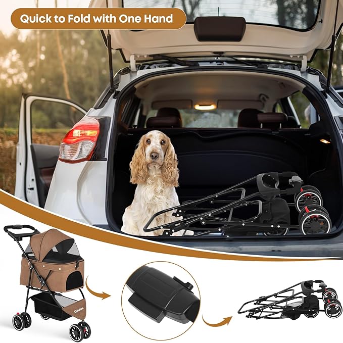 Pet Stroller,Dog Stroller for Small Medium Dogs Cats,3 Wheels,Foldable,with Breathable Mesh Canopy,Cup Holders,Easy Assembly,Deep Brown