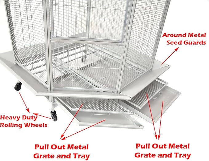 64" Extra Large Corner Bird Flight Breeding Wrought Iron Rolling Parrot Cage Side Solid Metal Plate Feed Doors Pull Out Removable Grate and Tray with Around Metal Seed Guard