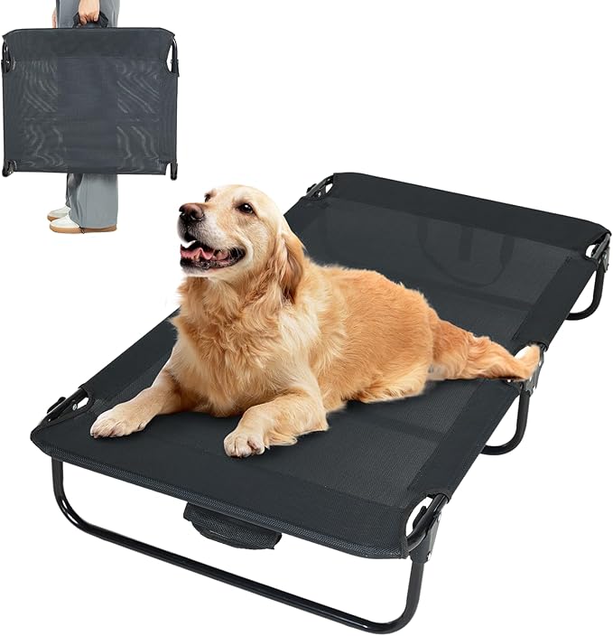 Elevated Dog Bed for Large Pet with No-Slip Feet, Foldable Portable Washable Raised Bed for Indoor&Outdoor Camping Dog Cot, with Cooling Waterproof Breathable Mesh (Large, Black-Textilene)