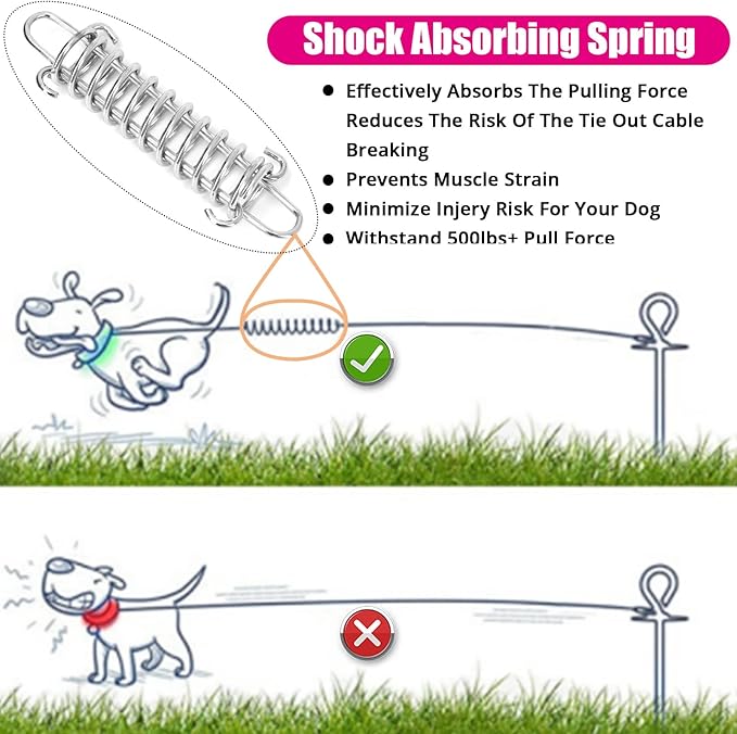 Jenico Dog Tie Out Cable, 10/15/20/30/40/50/70/100/150FT Runner Cable with Swivel Hook and Shock Spring, Outdoor and Camping Dog Leash Run Tether for Small to Medium Pets Up to 500 LBS