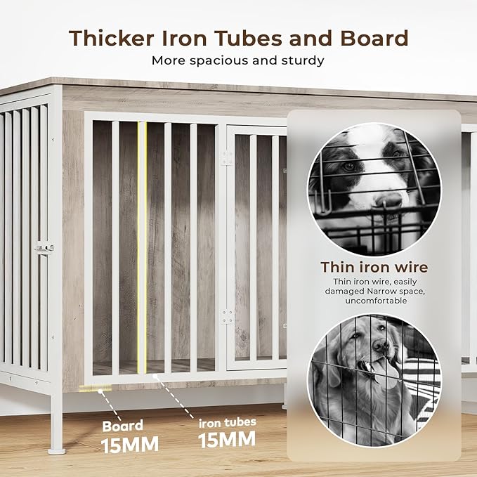 63 Inch Dog Cage Furniture for 2 Large/Medium Dogs with Removable Divider, Extra Large Double Doors Dog Kennel, XXL Thick Wooden Dog cage Furniture, Durable and Sturdy, Beige