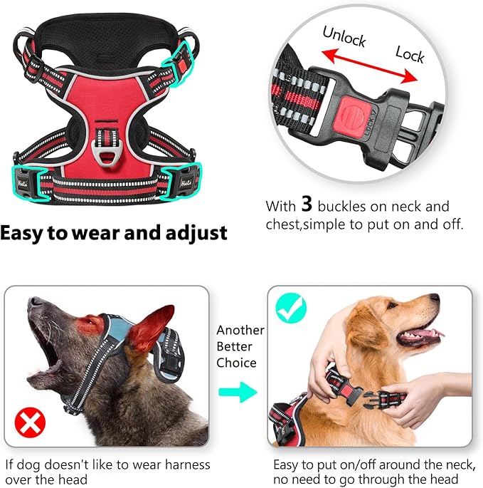 Timos Dog Harness Small Sized, No Pull with Neck Lockable Snap,No Choke Front Clip Dog Reflective Harness,Adjustable Metal Rings 3 Buckles,Easy Control Handle for Small Dogs Red S