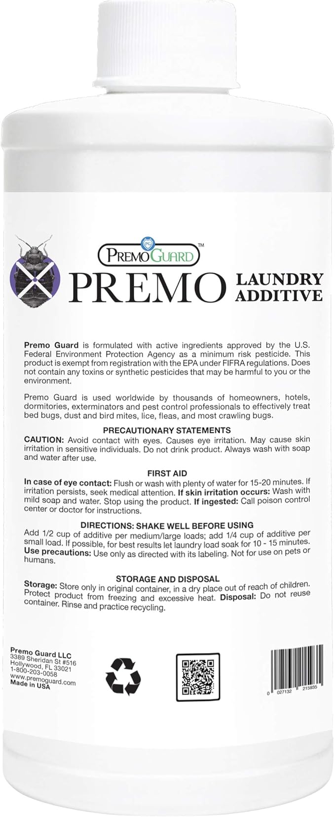 Premo Guard Bed Bug & Mite Laundry Detergent Additive 32 oz – Child & Pet Friendly – Stain & Odor Free – Best Natural Non-Toxin Treatment