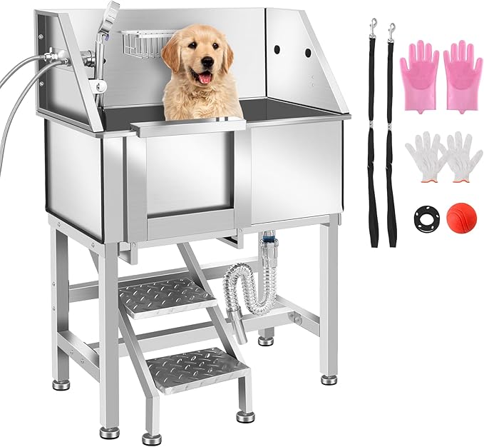 Dog Washing Station 38'' Stainless Steel Pet Grooming Tub for Large Dogs Over-Size Professional Dog Grooming Bathtub Station Wash Shower Sink Pet Grooming Bathtub Station