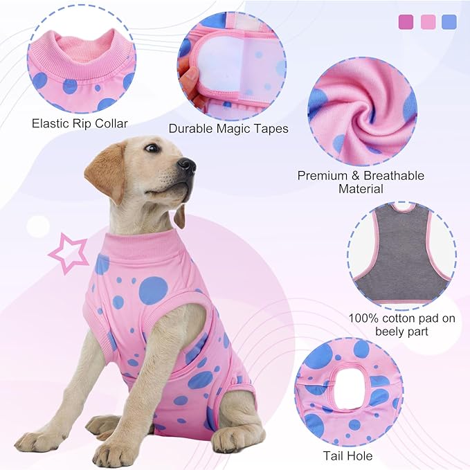 Kuoser Dog Surgery Recovery Suit, Anti Licking Pet Surgical Suit for Dogs Male Neuter, Female Dog Surgery Suit for Spay Subsititute E-Collar Cone, Dogs Body Suits After Surgery Pink Polka Dot 2XL