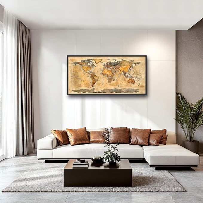 Extra Large World Map Framed Wall Art for Living Room,Oversized Vintage Map of The World Pictures Wall Decor,Canvas Print Painting Modern Artwork Bedroom Office Bathroom 60L" x 30W"