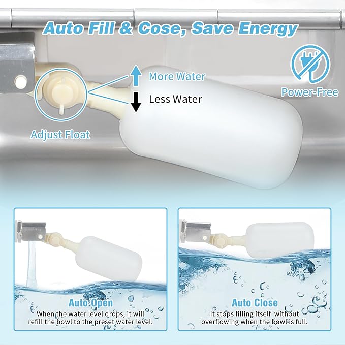 FHTONGE 304 Stainless Steel Automatic Dog Water Bowl Dispenser with Drainage and Float Valves, Large Auto Fill Dog Waterer for Outdoor Big Dogs Livestock Poultry Horse Cow Goat Pig Chicken Duck Rabbit