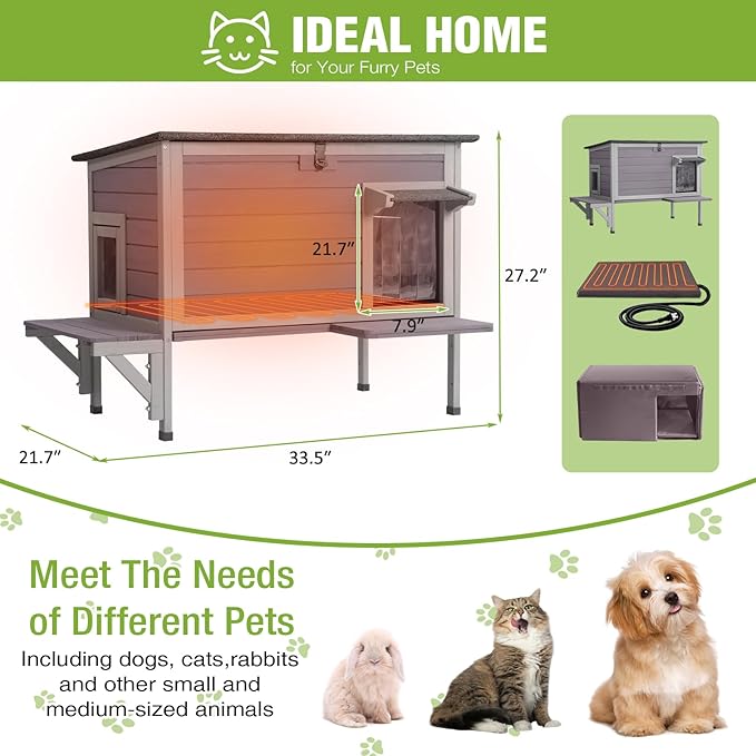 GUTINNEEN Heated Cat House Outdoor Cat House Insulated Weatherproof Feral Cat Shelter with Heated Pad and All-Round Thermal Liner for 1-3 Cats (Winter-Ready)