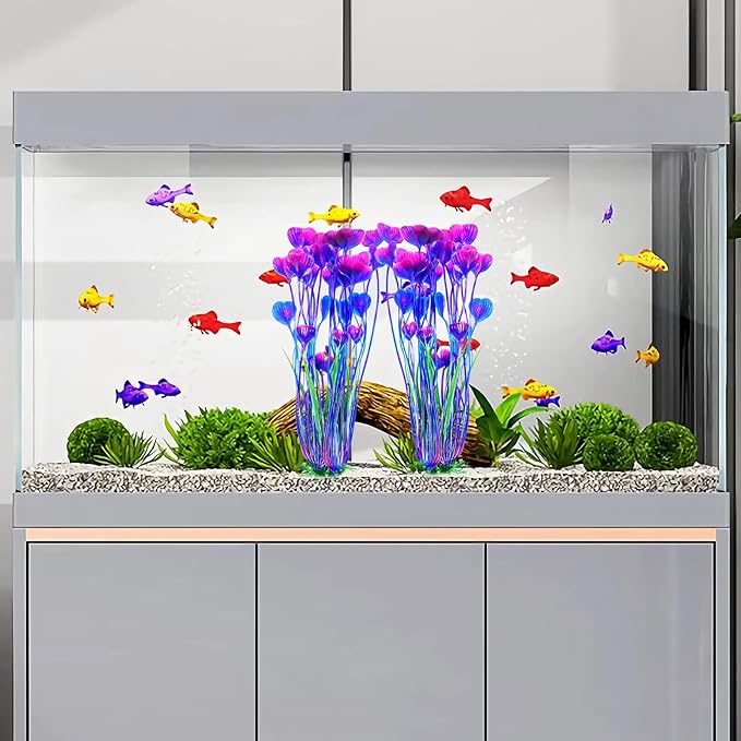 AQUANEAT Artificial Fish Tank Plants, Plastic Aquarium Accessories Large, 15.5 inch Purple Decorations, 2pcs