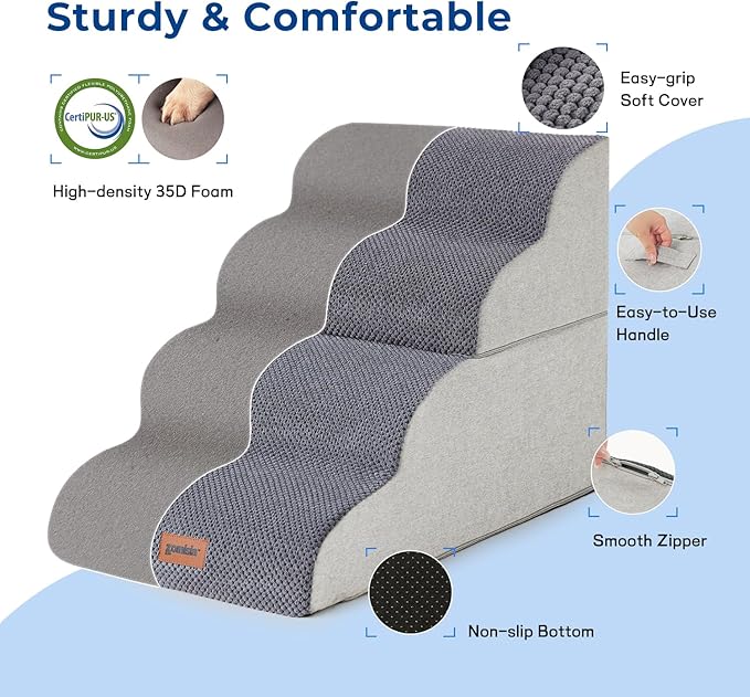 Dog Stairs Ramp for Bed 19.7" H - Pet Stairs for Small to Medium Dogs to Get on Bed and Couch, 35D Foam Dog Steps with Non-Slip Bottom Grey, 4 Steps