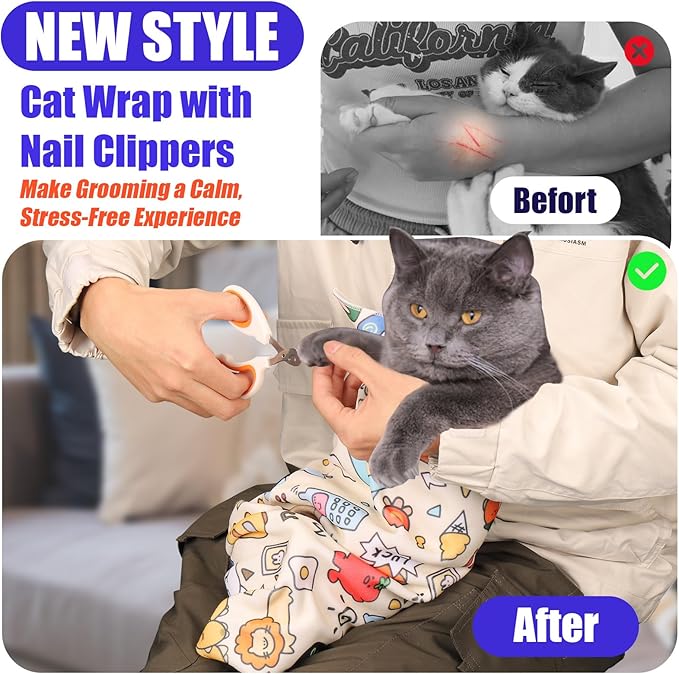 XANGNIER Cat Grooming Wrap with Cat Nail Clippers -Self-Adhesive Cat Swaddle for Nail Clipping, Anti-Scratch & Anti-Escape Cat Restraint for Calm, Safe & Easy Nail Trimming