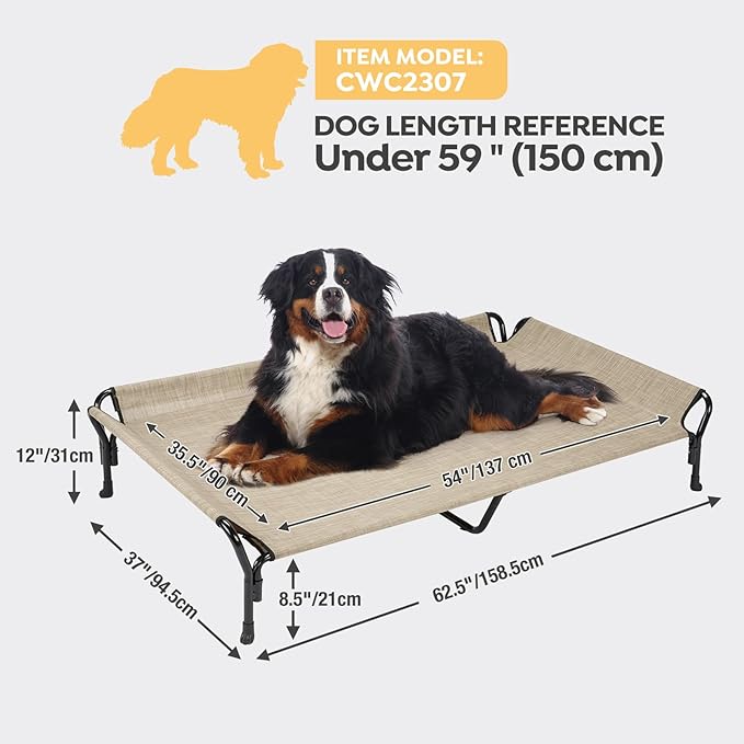 Veehoo Cooling Elevated Dog Bed, Guardrail Raised Pet Cot, Indoor & Outdoor XXL Pet Bed with Washable & Breathable Teslin Mesh, Non-Slip Feet, Dog Couch Bed, 62.5" x 37", Beige Coffee
