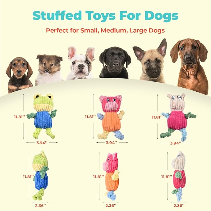 3pcs Dog Squeaky Toys, Plush Stuffed Puppy Chew Toy for Extended Play, Interactive Toys Great Gifts for Small Medium Large Chewer Dogs, Pet Toy Bulk to Keep Them Busy(Forg&Hippo&Pig)