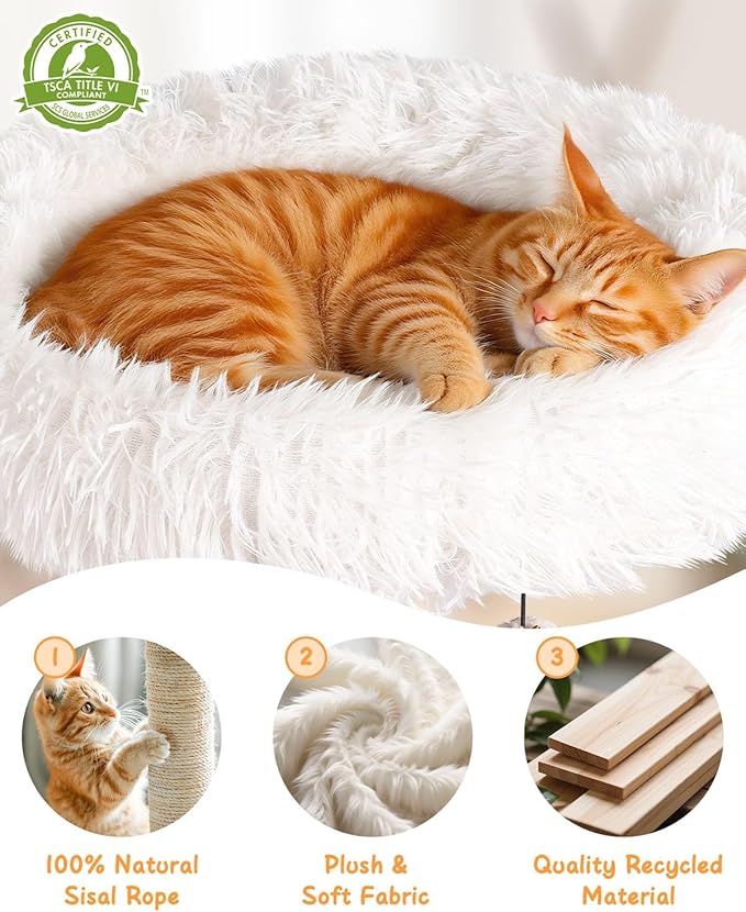 61" Wooden Cat Tree Tower for Indoor Cats, Luxury Modern Wooden Tower with XL Plush Lounge, Hammock & Scratching Posts for Maine Coon 20 lbs