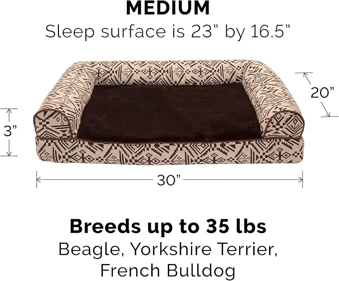 FurHaven Soft, Orthopedic Foam Sofa Dog Bed with Washable & Removable Cover - Plush/Woven - Desert Brown, Dogs Up to 35 lbs - Medium