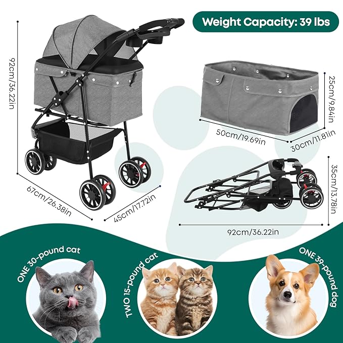 Pet Stroller,Dog Stroller for Small Medium Dogs Cats,3 Wheels,Foldable,with Breathable Mesh Canopy,Cup Holders,Easy Assembly,Grey