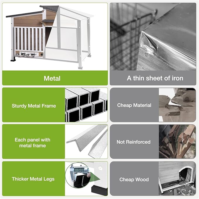 Dog House Outdoor with Bowls Weatherproof Dog Kennel with Anti-Chewing Iron Frame Dog Shelter for Small Medium Dogs(Light Brown)