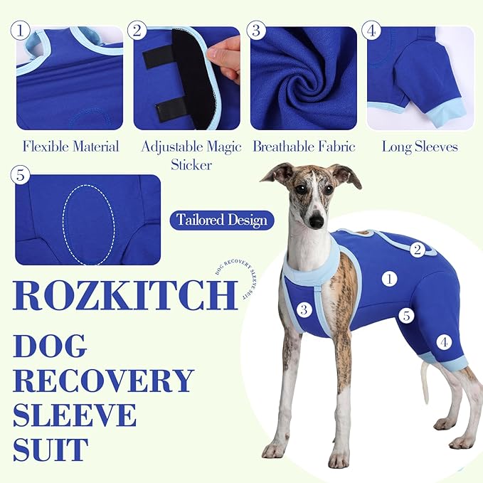 ROZKITCH Dog Surgery Leg Sleeve Rear Legs, Male Female Pet Prevent Licking Wound Elbow Knee Protector, Dog Recovery Suit Cone Collar Alternative Pants Shirt for Wound Heal Wrap Blue L