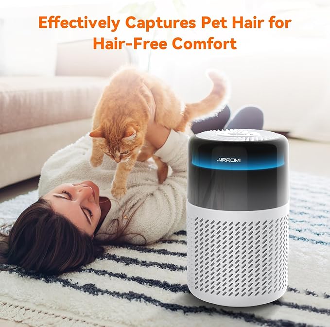 AIRROMI Air Purifier for Bedroom Home,HEPA Filter,Covers Upto 549 Ft²,Quiet 360°intake Air Cleaner with Fragrance ponge for Better Sleep,Night Light,Filters Smoke,Pet Dander,Allergies,Dust,A2005 White