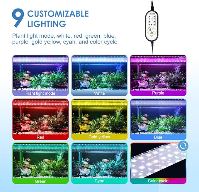 Aquarium Light,18W 24/7 Natural Mode,9 Light Modes(Water Grass Mode & 7 Colors & Cycle),Adjustable Timer and 7 Color Brightness - with Expandable Mounting Bracket for 18~24IN Fish Tank