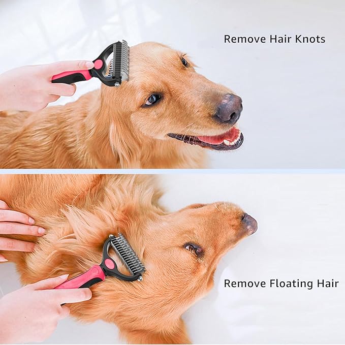 YINGFAN Pet Grooming Combo, Double-Sided Dematting Deshedding Undercoat Rake for Dogs and Cats, Dog Brush with Metal Comb for Detangling (Pink)