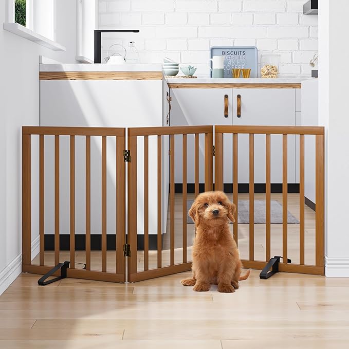 Freestanding Pet Gate Foldable Dog Gate (55 inches Wide) Walnut Bamboo Dog Gates for Stairs Doorways House (2 Support Feet Included)