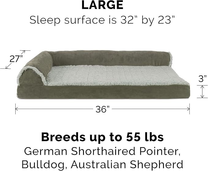 Furhaven Cooling Gel Dog Bed for Large/Medium Dogs w/ Removable Bolsters & Washable Cover, For Dogs Up to 55 lbs - Two-Tone Plush Faux Fur & Suede L Shaped Chaise - Dark Sage, Large