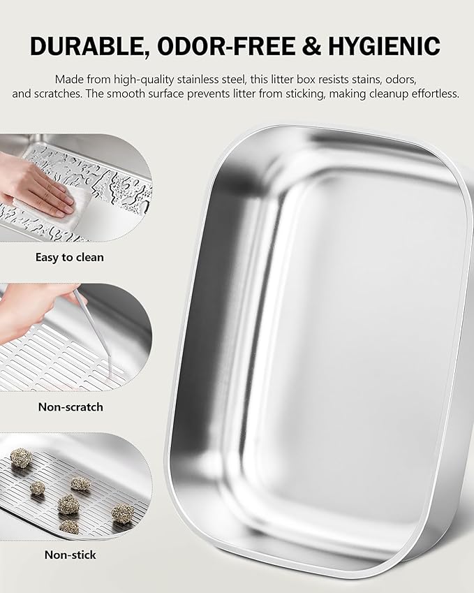 Stainless Steel Sifting Litter Box with Lid, Metal Litter Pan with Scoop for Big Cats Multi Cat, Extra Large Cats Litterbox Odor Control Easy Clean