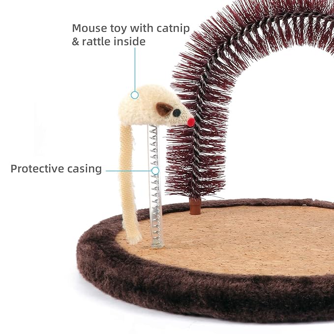 Happi N Pets Large Cat Self Groomer, Arch Grooming Brush with Heavy Wooden Scratching Pad, Rubbing Post & Toy, Cat Face Scratchers Body Massager, Cat Scratchers for Indoor Cats, Brown