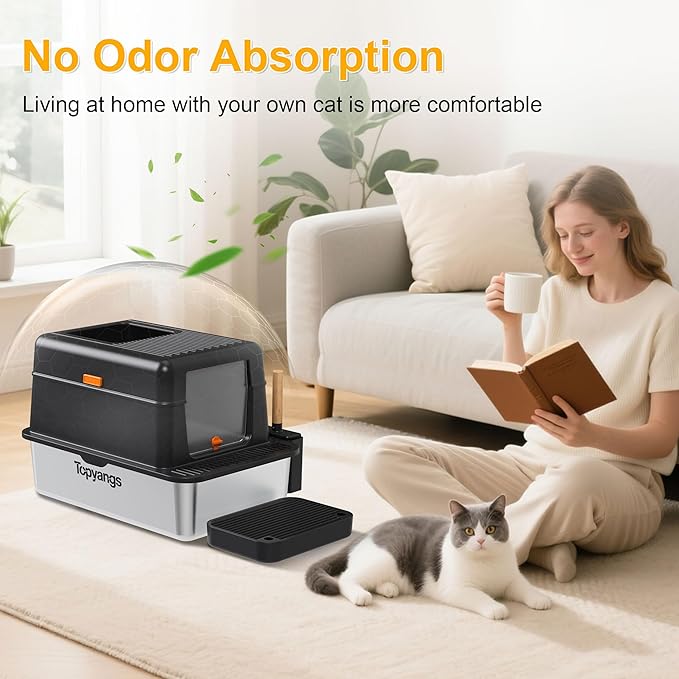 Enclosed Stainless Steel Litter Box with Lid, 20L Metal Enclosed Litter Box for Big Cat, Flip-Top Design with Anti-Leakage High Sides, Cat Lovers Gifts（Black）