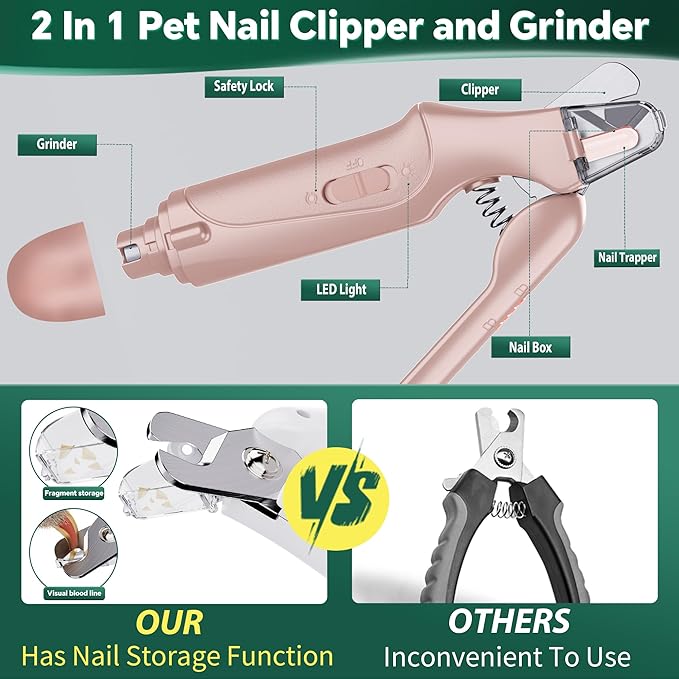 2 in 1 Cat Nail Clippers & Dog Nail Clippers Trimmers for Large Medium Small Dogs Cats Claw Trimmer Quick Sensor and Safety Guard USB Rechargeable with 2 LED Lights Dogs Nail Trimmer