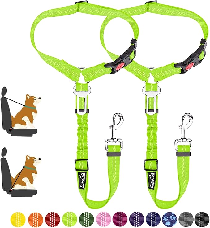 SlowTon Dog Seat Belt for Car, 2 Pack Dog Car Harness Seatbelt Adjustable with Elastic Bungee Buffer, 2 in 1 Pet Car Leash Headrest Restraint Dog Reflective Safety Tether (Lime, Headrest+Clip)