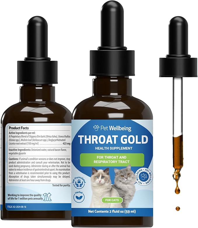 Pet Wellbeing Throat Gold for Cats - Supports Throat Comfort, Upper Respiratory Health, Occasional Throat Hoarseness, Slippery Elm, Mullein - Veterinarian-Formulated Herbal Supplement 2 oz (59 ml)