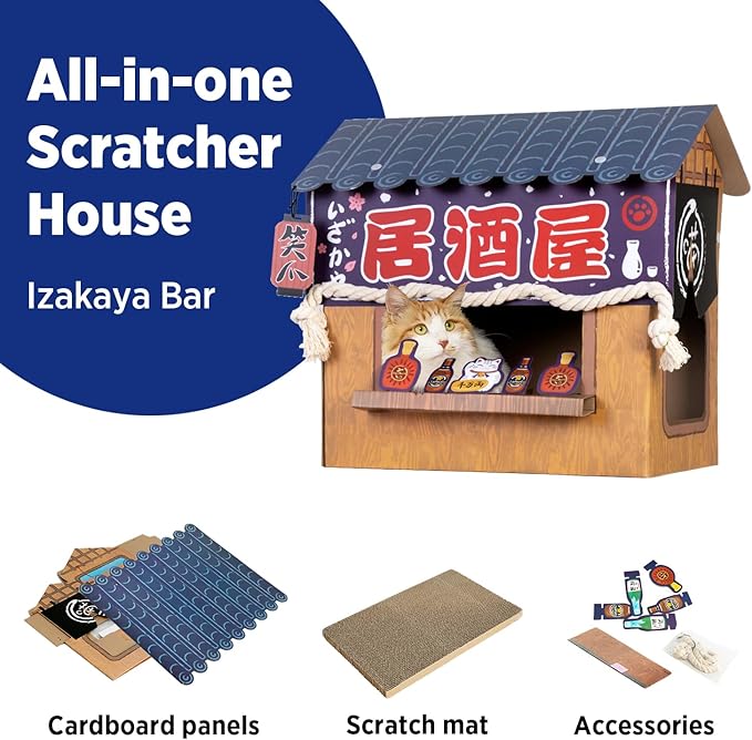 Cat Beds for Indoor Cats, Cardboard Cat House with Scratchers, Izakaya Bar, Large Sturdy Cat Furniture Condo Cave Tent, Easy to Assemble Pet Toys Accessories Stuffs, Bunny Small Animals