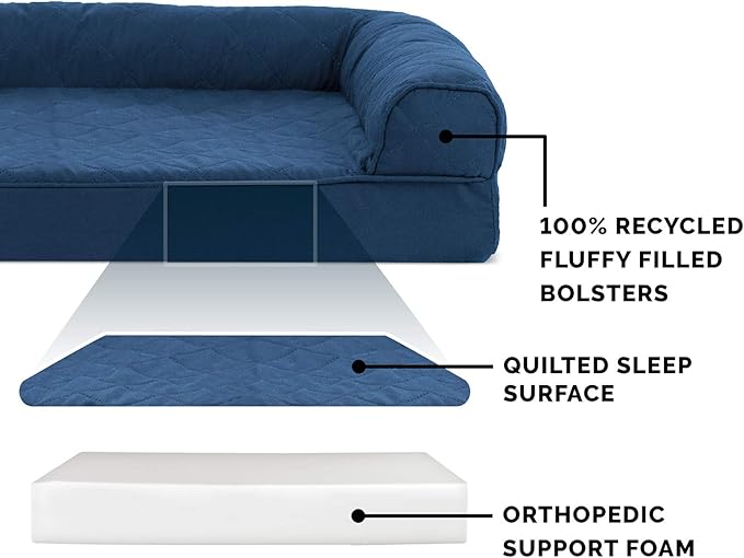 Furhaven Orthopedic Dog Bed for Large Dogs w/ Removable Bolsters & Washable Cover, For Dogs Up to 125 lbs - Quilted Sofa - Navy (Blue), Jumbo Plus/XXL