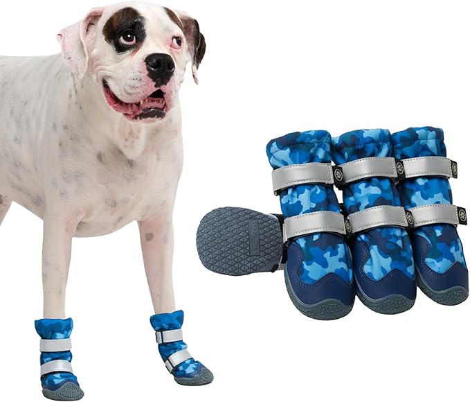Spark Paws Dog Shoes, Waterproof Dog Boots for Medium to Large Dogs, Non Slip, Breathable Dog Booties and Paw Protectors - 4PCS Doggie Hiking Boots with Reflective Straps, Blue Camo, Size 6