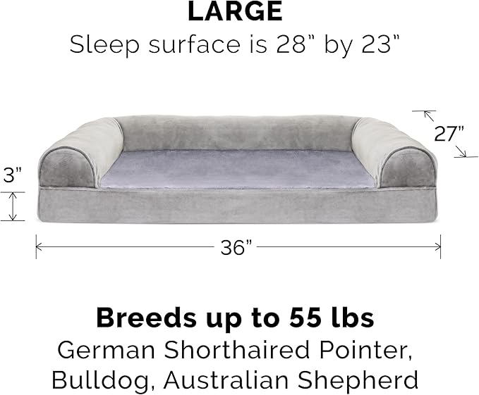 Furhaven Cooling Gel Dog Bed for Large/Medium Dogs w/ Removable Bolsters & Washable Cover, For Dogs Up to 55 lbs - Faux Fur & Velvet Sofa - Smoke Gray, Large