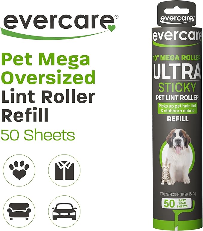 Evercare 10” Mega All-Purpose Pet Hair Lint Roller Refill, 50 Sheets – Sticky Roller for Pet Hair, Cat & Dog Hair Remover, Lint Remover, Pet Hair Remover for Furniture, Clothing & Cars