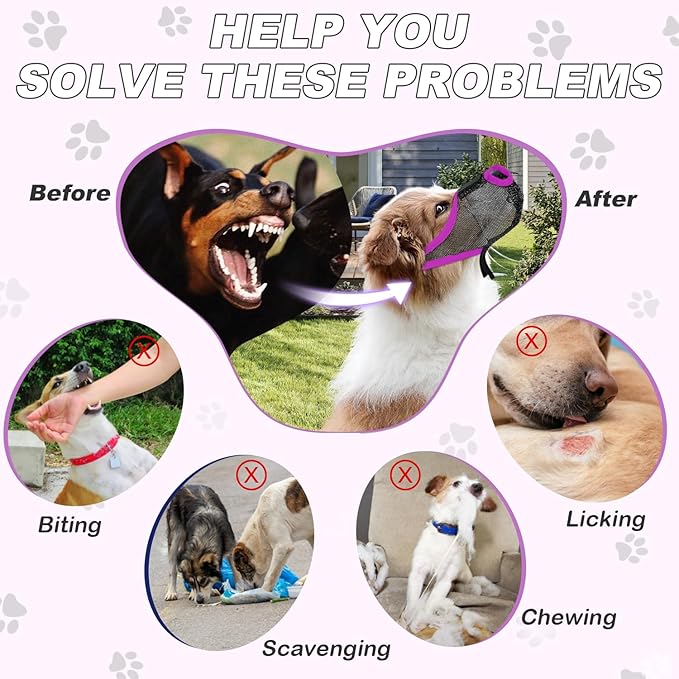 Dog Muzzle, Soft Air Mesh Muzzle for Small Medium Large Dogs Anti Biting Barking Chewing Scavenging, Breathable Adjustable Loop Pets Muzzle with Front Opening Design Allows Panting Drinking(Purple,XL)