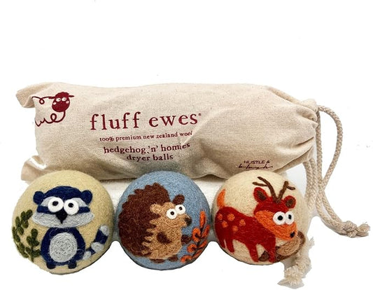 Fluff Ewes Wool Dryer Balls 3 Pack Premium New Zealand Wool Laundry Balls for Dryer, No Static Dryer Balls Laundry Reusable, XL Hedgehog Dryer Balls, Baby Dryer Balls for Dryers - Hedgehog and Homies