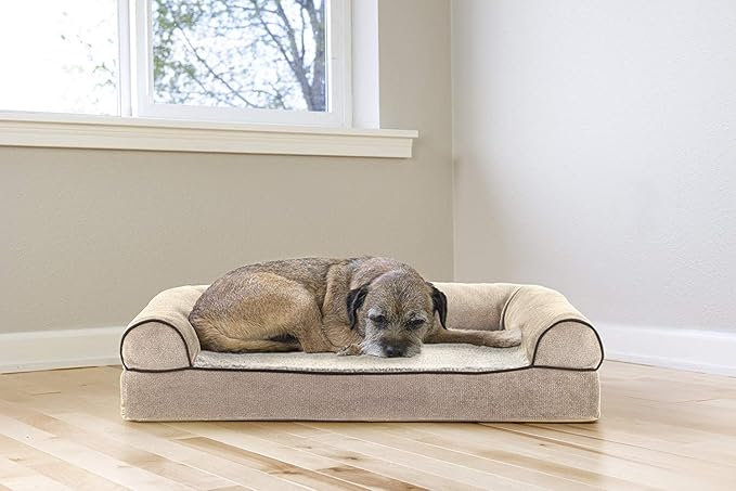 Furhaven Cooling Gel Dog Bed for Medium/Small Dogs w/ Removable Bolsters & Washable Cover, For Dogs Up to 35 lbs - Sherpa & Chenille Sofa - Cream, Medium