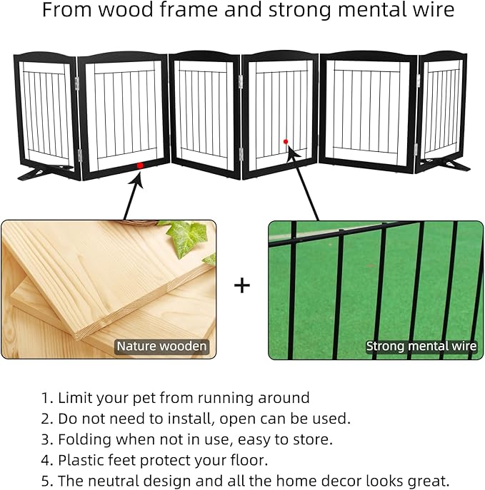 ZJSF Freestanding Dog Fence Indoor, Foldable Dog Gate for Doorways, Stairs or Hallways, Sturdy Wood Extra Wide Pet Gate with Support Feet for The House, Black, 32 "Height-6 Panels