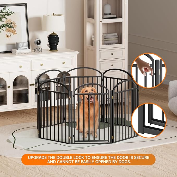 8 Panles Full Matel Freestanding Dog Gates with Door, 192"Extra Wide 32"Tall Free Standing Dog Pet Gate for Indoor & Outdoor. Foldable Pet Fences for Doorways, House, Stairs, Porch, Deck, Yard