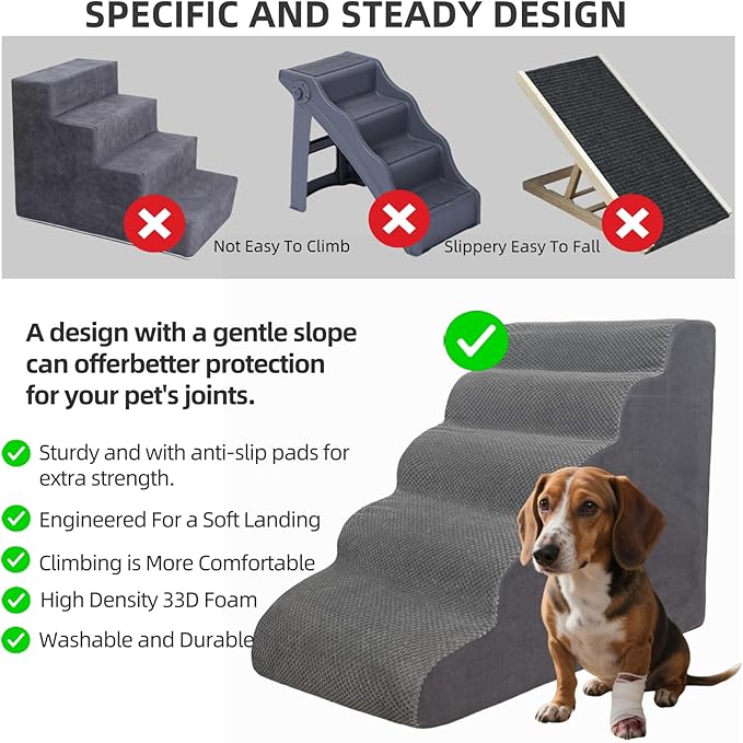 7 Step Pet Stairs Ramp for High Beds Sofas 22-42 Inch, Non-Slip Dog Stairs for Small Old Medium Large XL Dogs Cats, Sturdy 75 Pounds 33D Foam Balanced 6-Tier Ladder with Machine Washable Cover