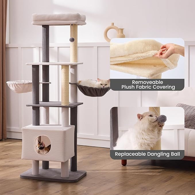 Gardner Pet 65in Heavy Duty Cat Tree Tower for Large Cats, Multi-Level Cat Furniture with Replaceable Sisal Scratching Post, Hammock | Extra-Large Platform & Condo Easy to Clean (Corduroy)