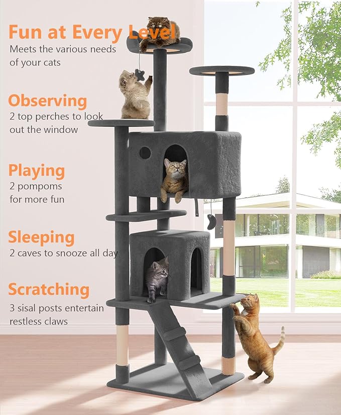 77'' Cat Tree Tower for Indoor Cats Large Adult, Cute/Tall Modern Cat Tree for Big Cats 20 lbs, Plush Multi-Level Cat Condo with Scratching Posts, Dangling Ball (Smoky Gray, 77 inch)