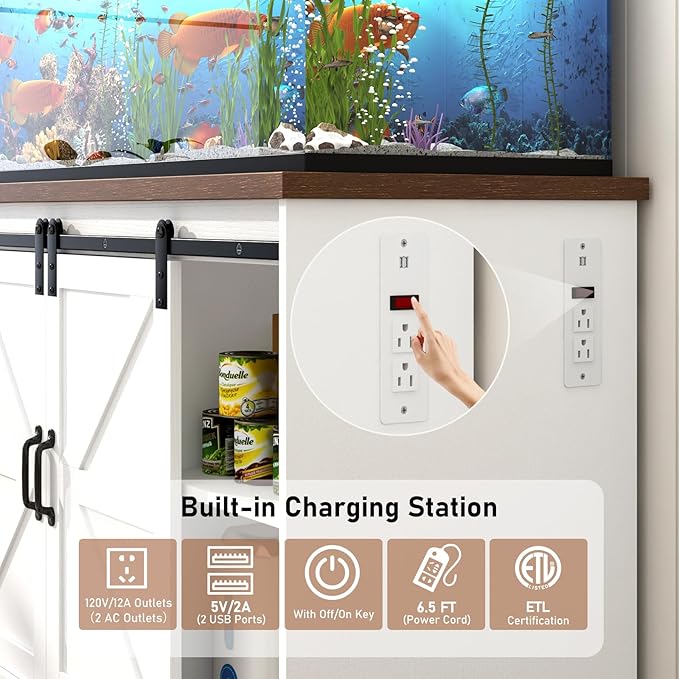 Farmhouse 55-75 Gallon Fish Tank Stand with Power Outlet, Aquarium Stand with Cabinet&Sliding Barn Door, Heavy Duty Reptile Tank Stand for 2 Fish Tank/Turtle Tank/Reptile Terrarium, White